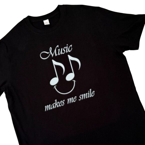 Music Makes Me Smile Graphic Tee T Shirt Size XL Black Cotton Music Lover Tee - Picture 1 of 6